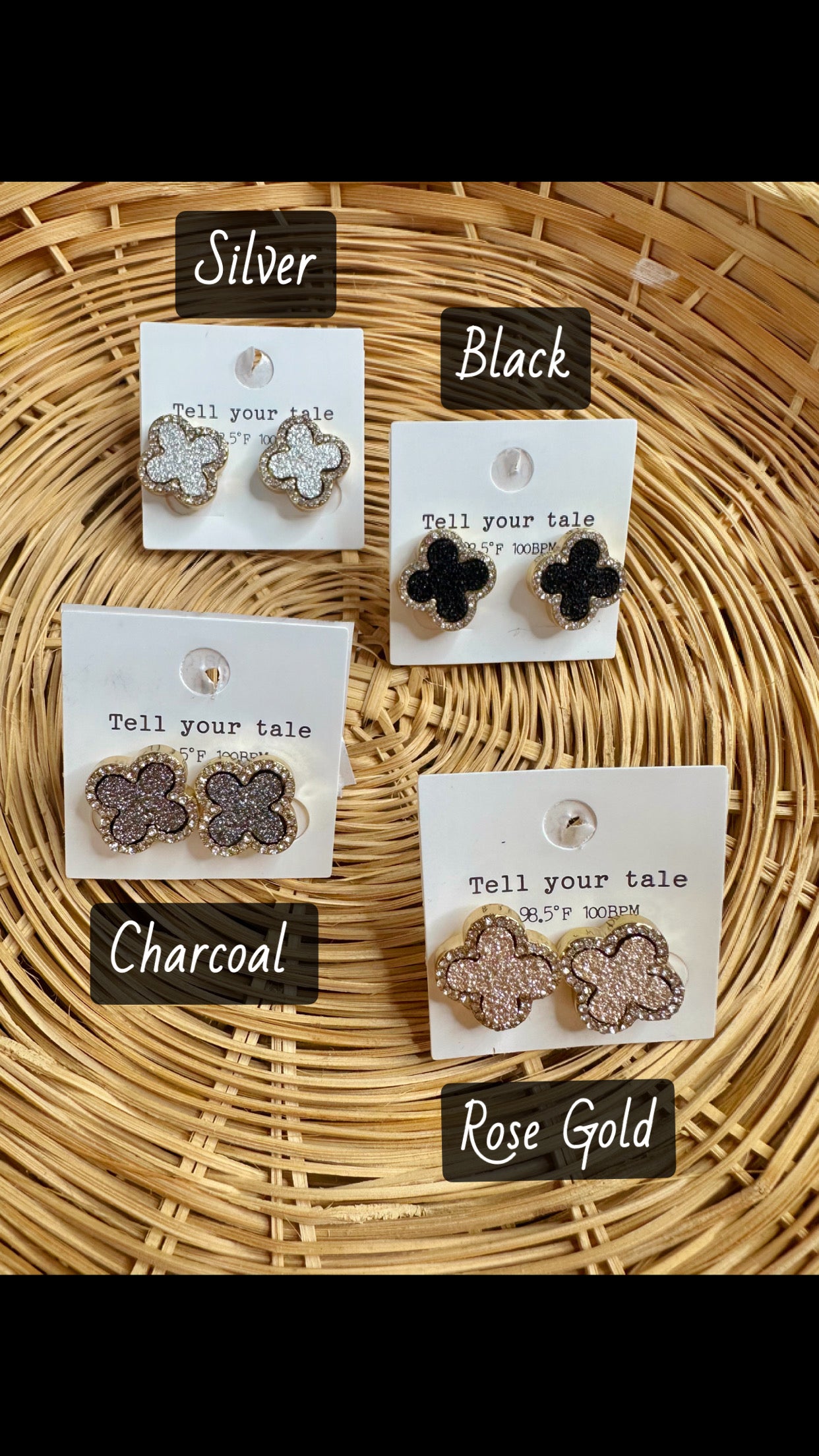 Black/Silver/Rose Gold/Charcoal Gray Rhinestone Border Druzy Clover Earrings