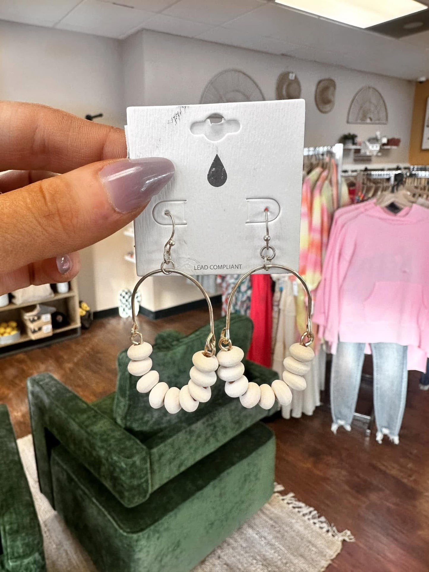 Ivory Wood Bead Details Gold Tone Arch Drop Earrings