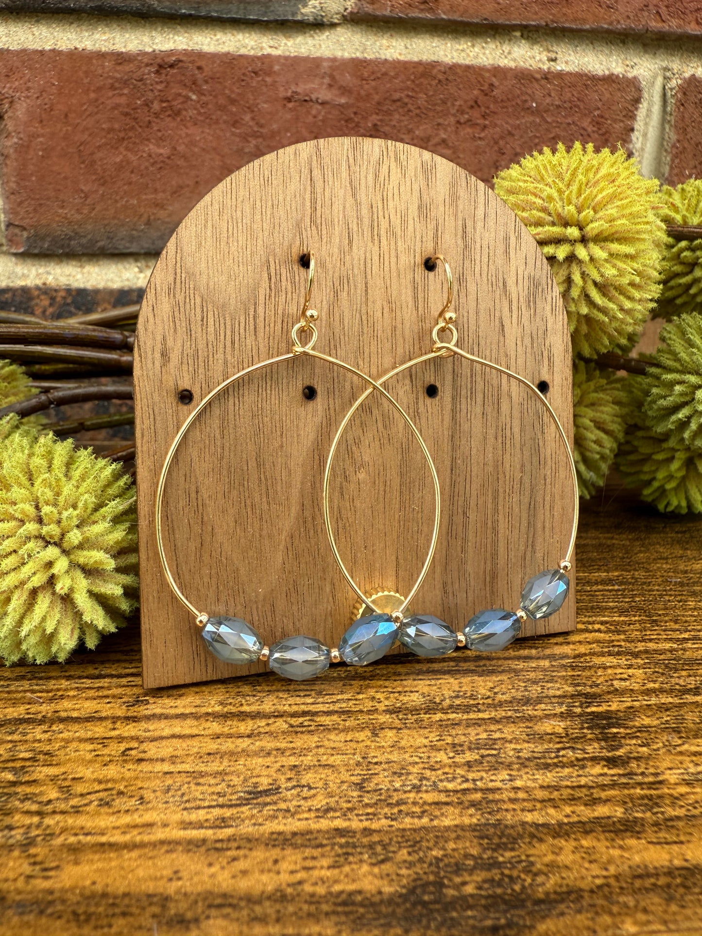 Blue Faceted Glass Crystal Beaded Gold Tone Wire Hoop Drop Earrings