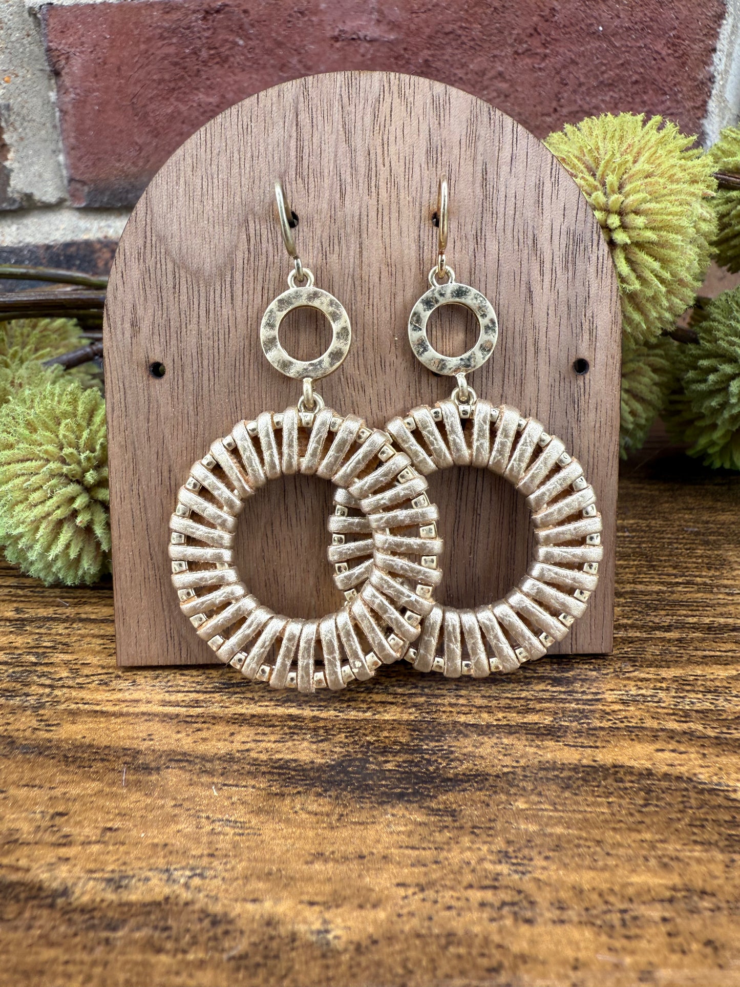 Gold/Red/Black Linked Hollow Metal Circle Wrapped Vegan Leather Drop Earrings