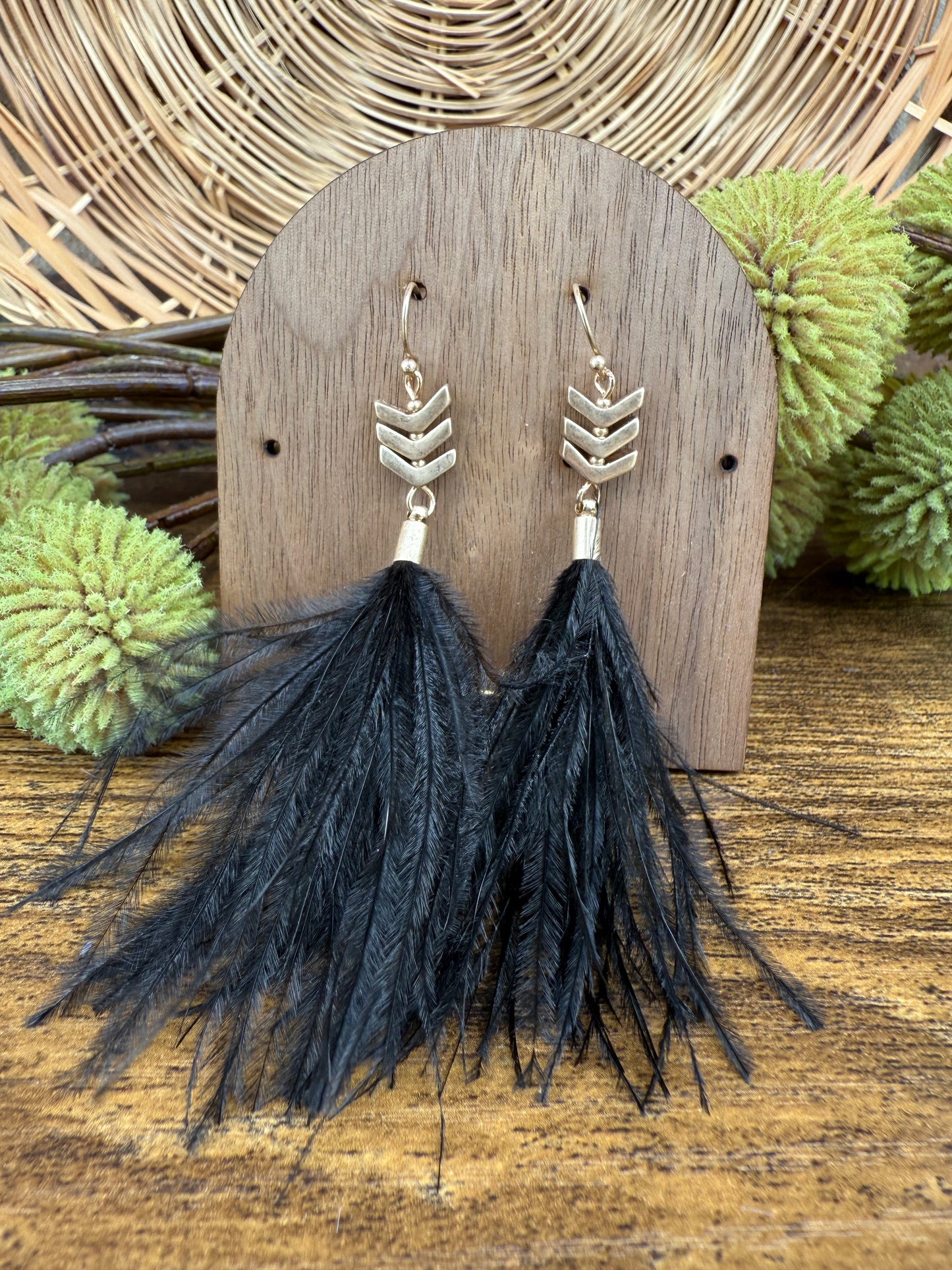 Black/Teal Blue Feather Dangle Stacked Arrow Drop Earring