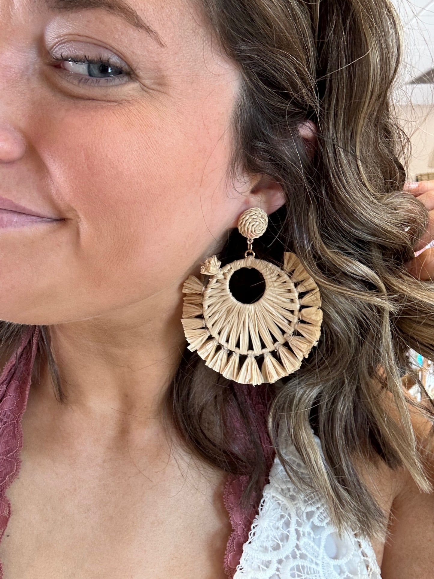 Beige Tan Woven Circular Raffia Drop Earring With Tassel Details
