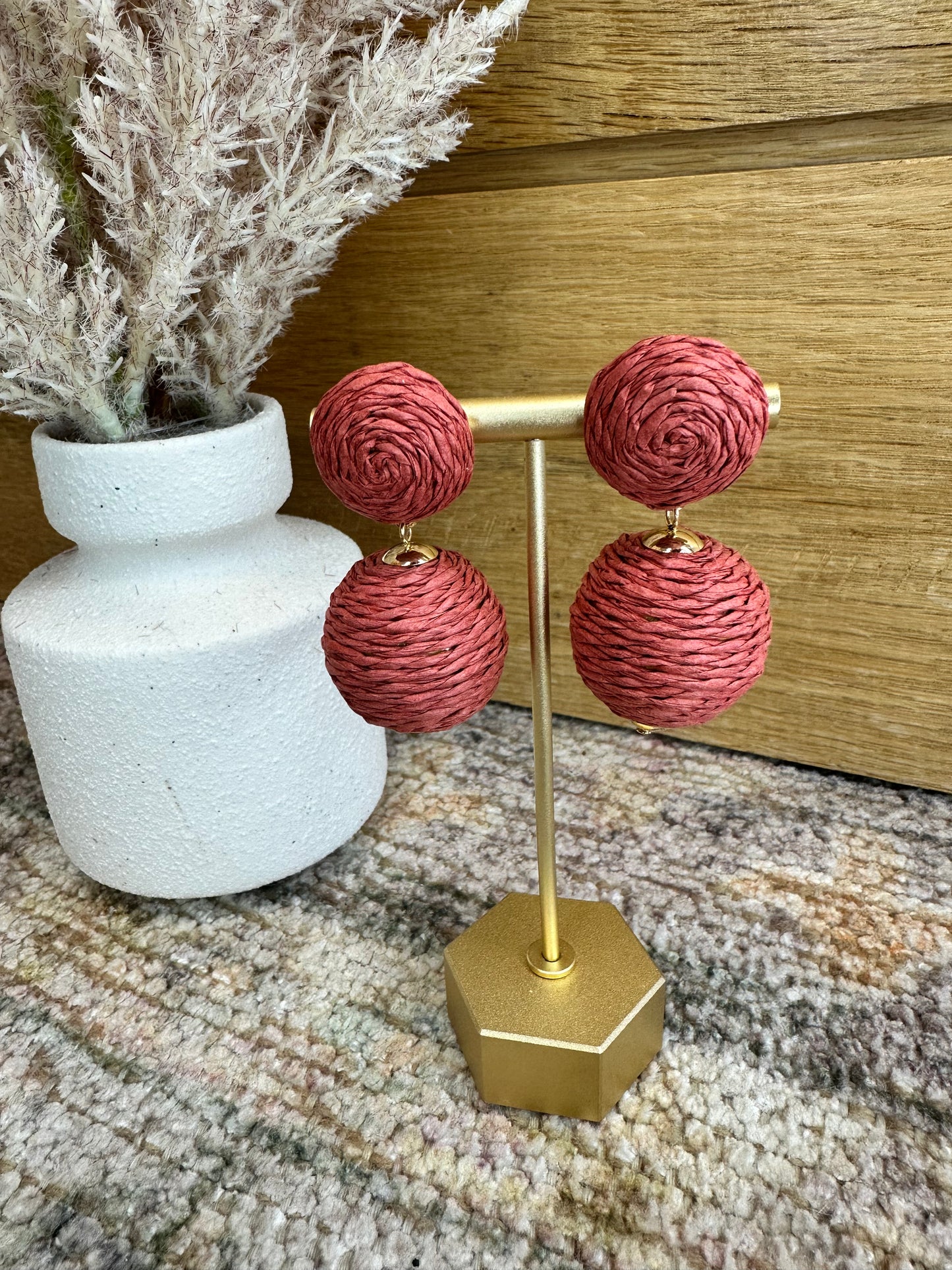 Raffia Wrapped Ball Post Drop Earrings