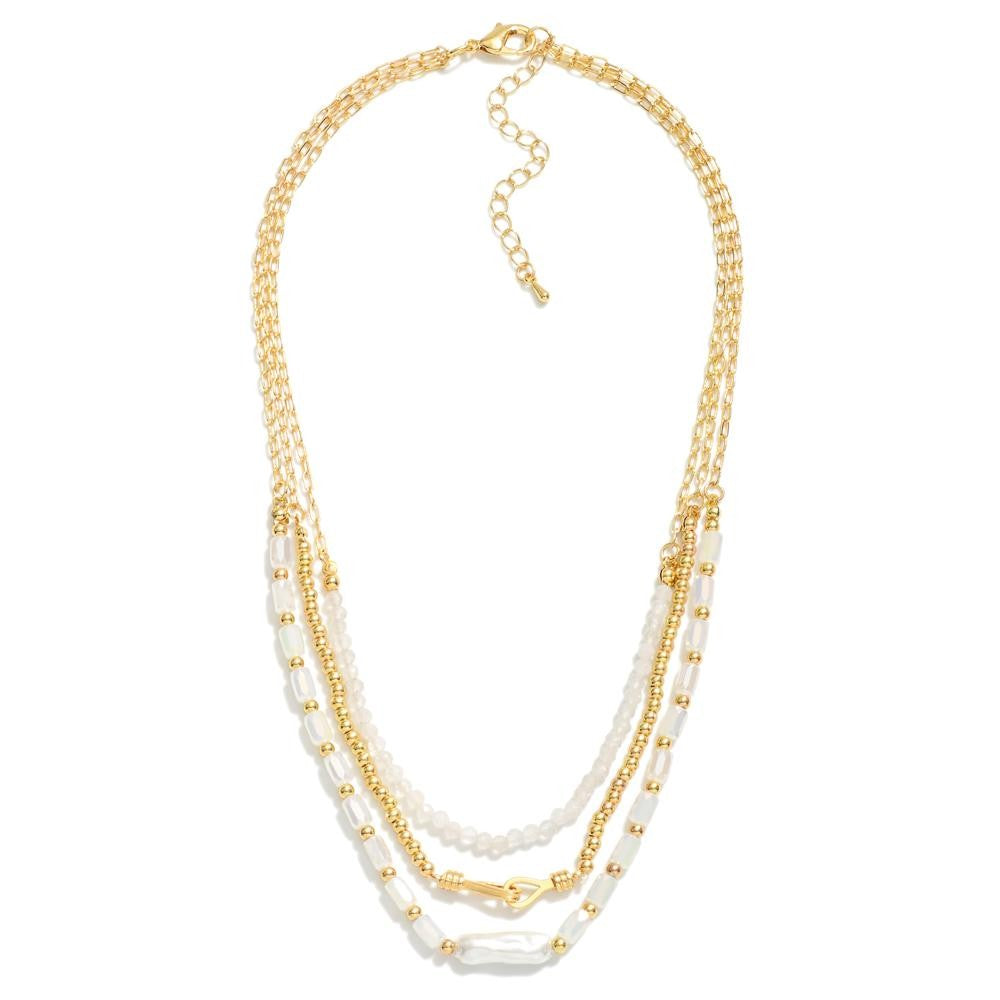 Gold Beaded Chain Link Faceted Beads & Rectangular Opal Layered Necklace