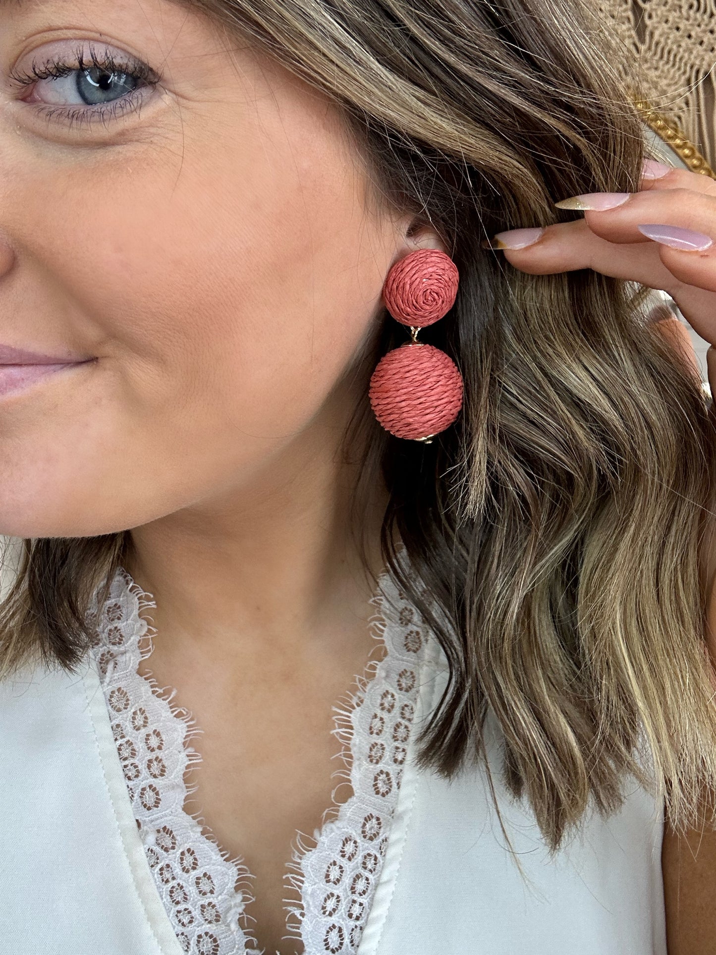 Raffia Wrapped Ball Post Drop Earrings