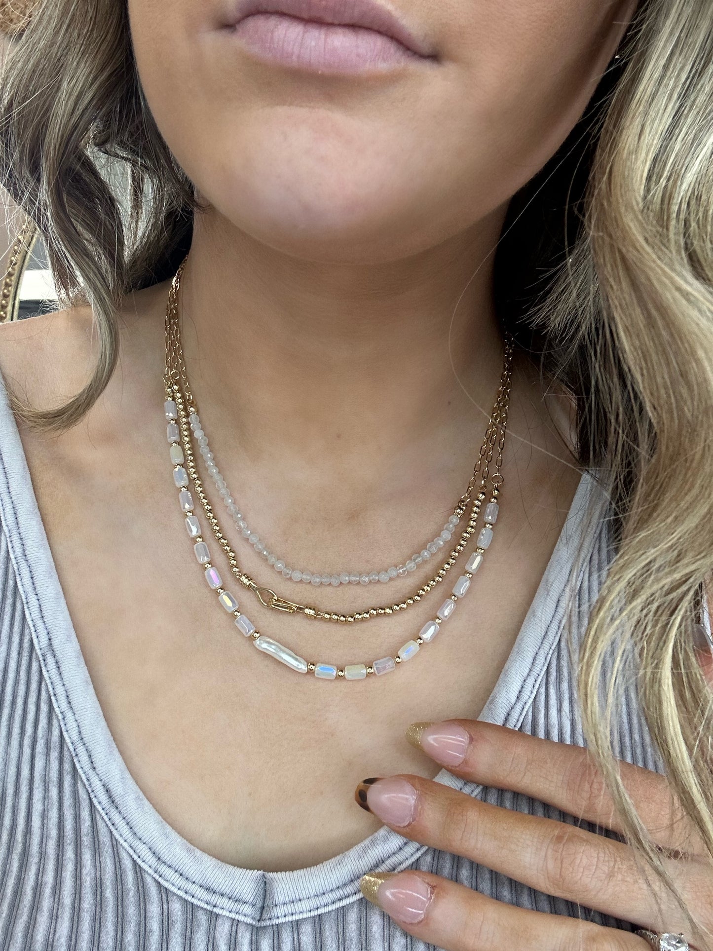 Gold Beaded Chain Link Faceted Beads & Rectangular Opal Layered Necklace