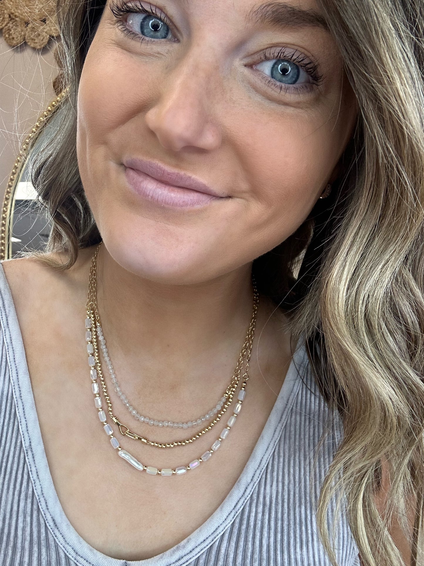 Gold Beaded Chain Link Faceted Beads & Rectangular Opal Layered Necklace