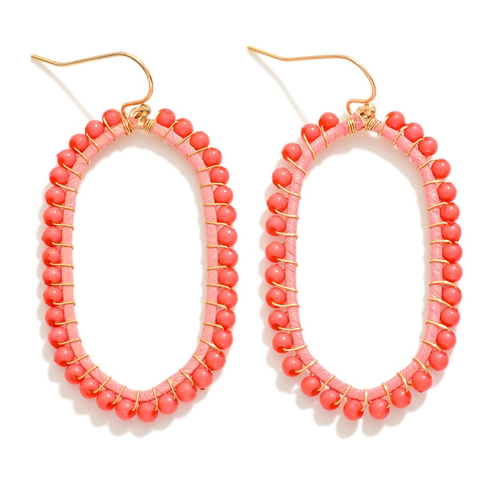 Coral/Blue Multi Beaded Wire Wrapped Oval Drop Earrings