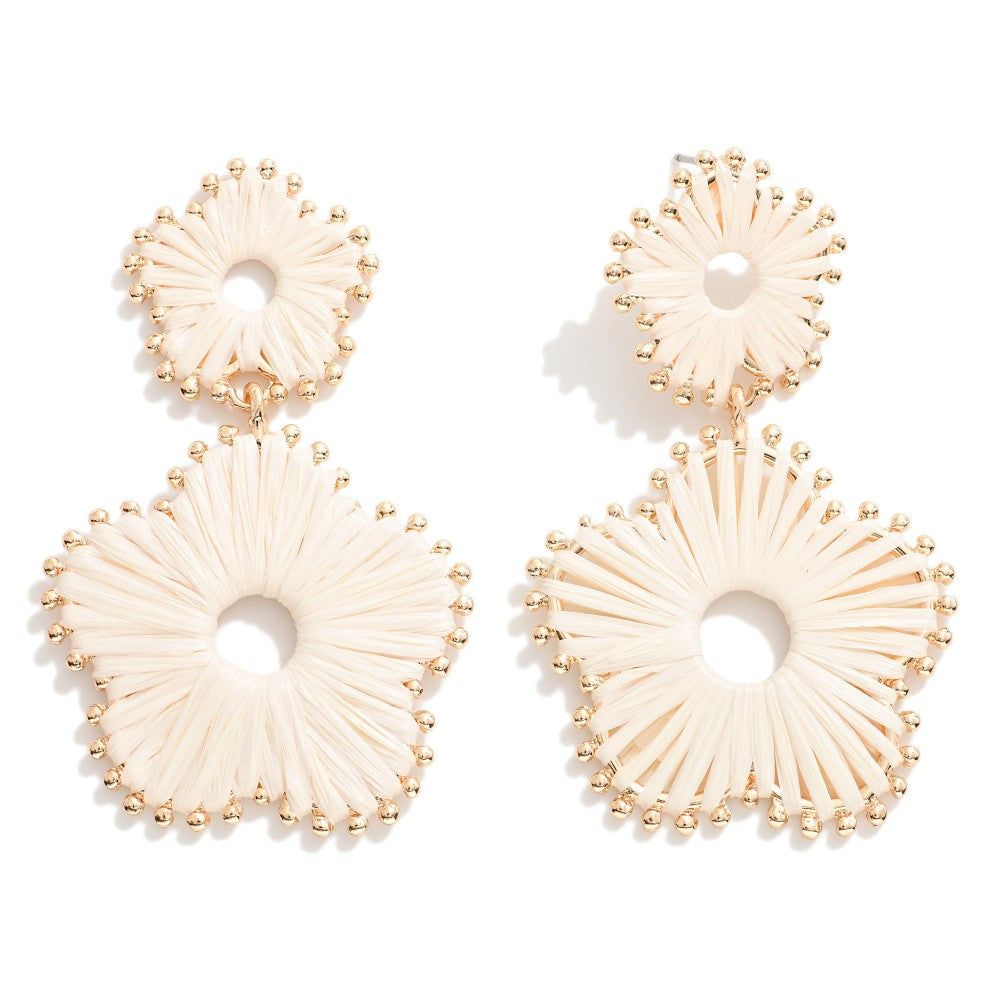 Ivory Linked Raffia Wrapped Metal Flowers Drop Earrings