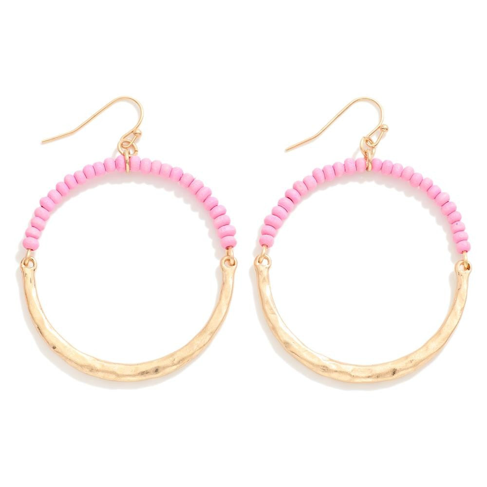 Cassie Pink Wood Beaded & Hammered Metal Drop Hoop Earrings