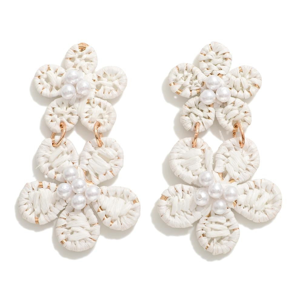 White Raffia Wrapped Linked Flower Drop With Pearl Beaded Accent Earrings