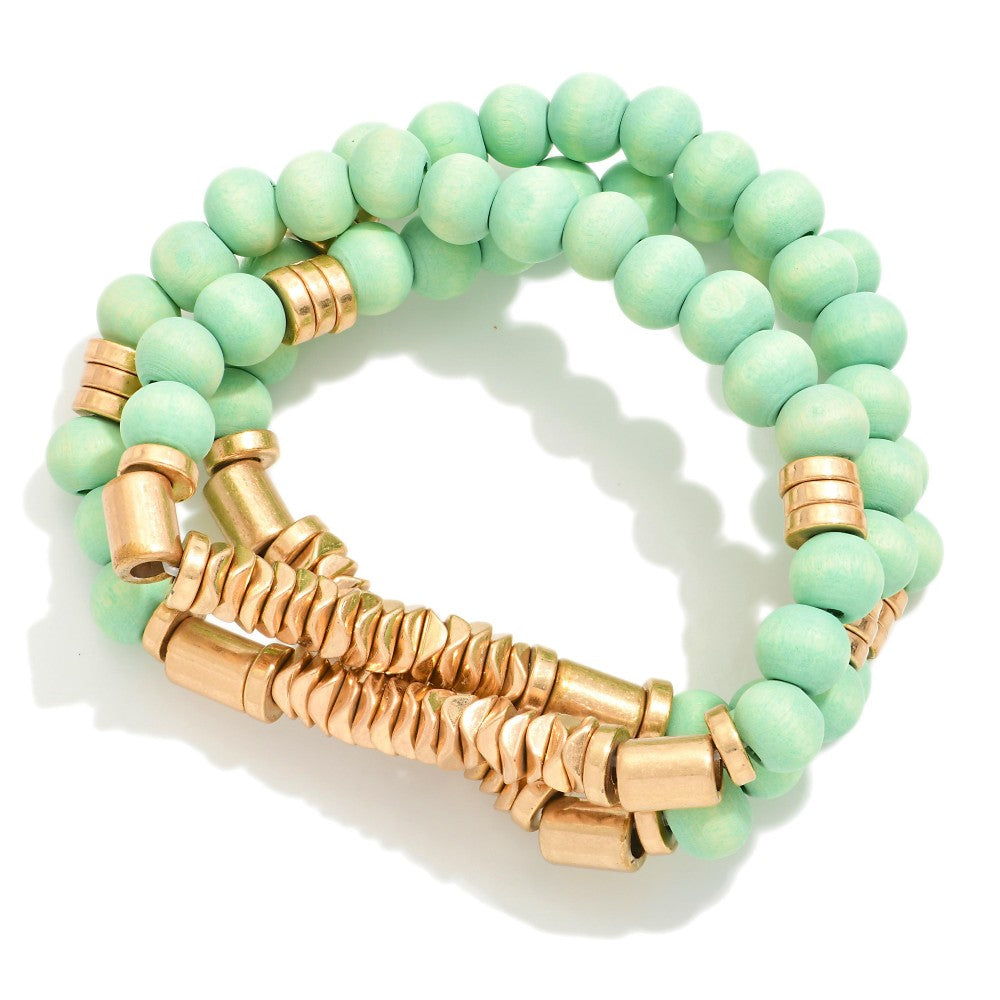 Hot Pink/ Mint/ Cream Wood With Gold Tone Bead Details Beaded Stretch Bracelets