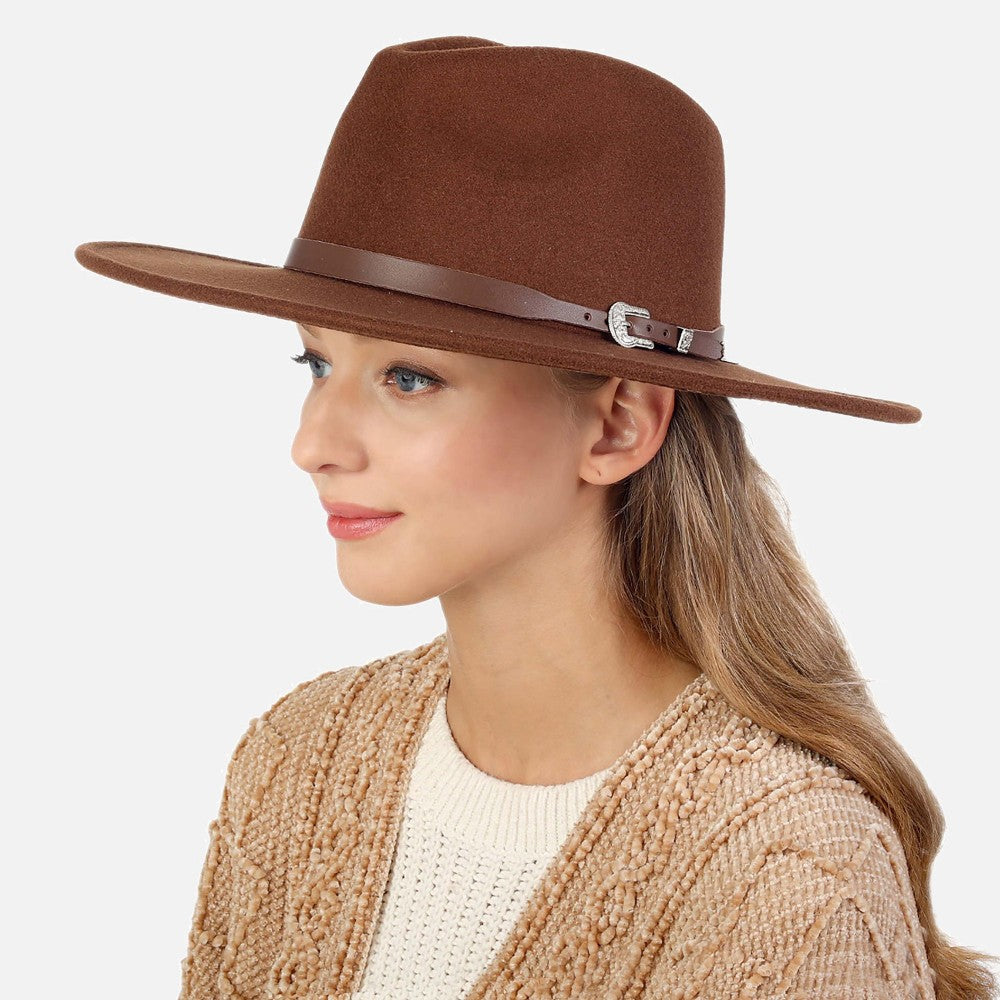 Chocolate Brown Felt Wide Brim Hat Featuring Leather Band With Silver Western Buckle