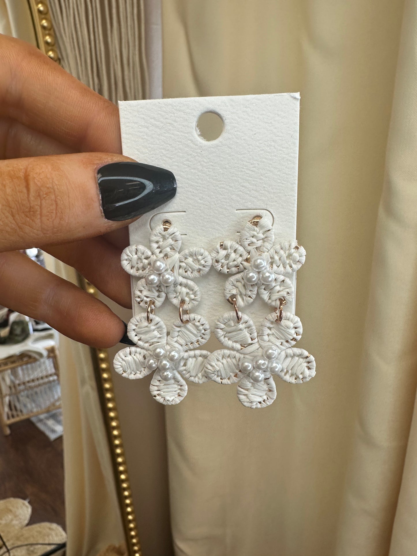 White Raffia Wrapped Linked Flower Drop With Pearl Beaded Accent Earrings