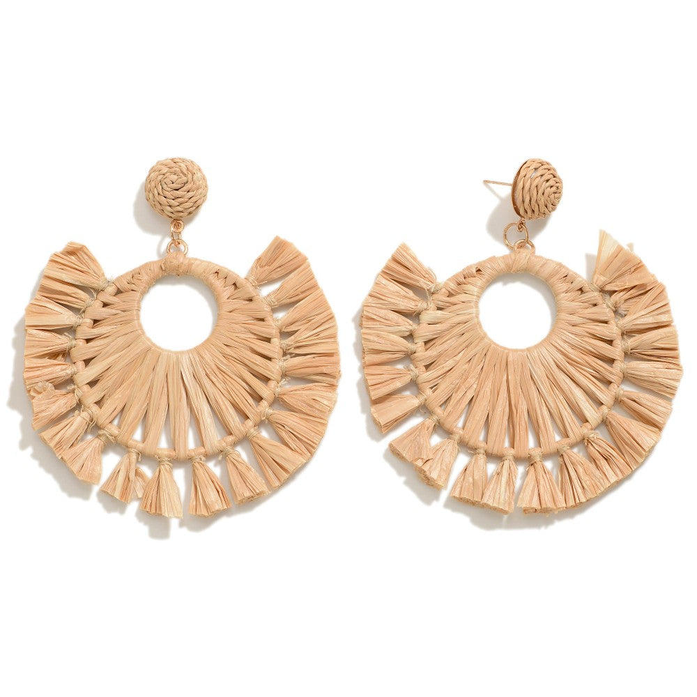 Beige Tan Woven Circular Raffia Drop Earring With Tassel Details