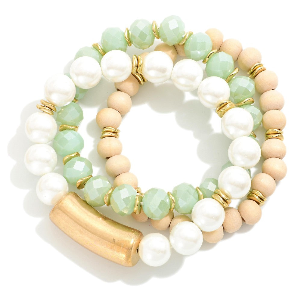 Mint/Natural Wood and Pearl Beaded Bracelet