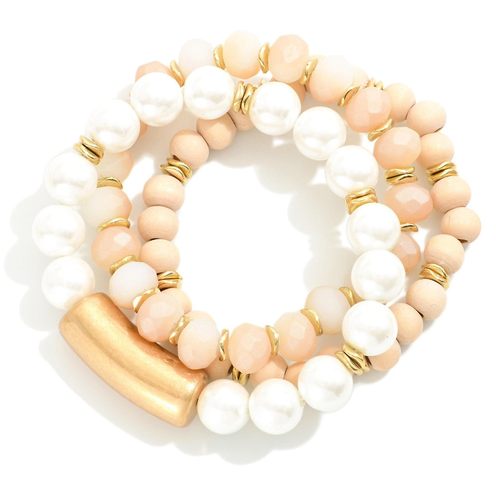 Mint/Natural Wood and Pearl Beaded Bracelet