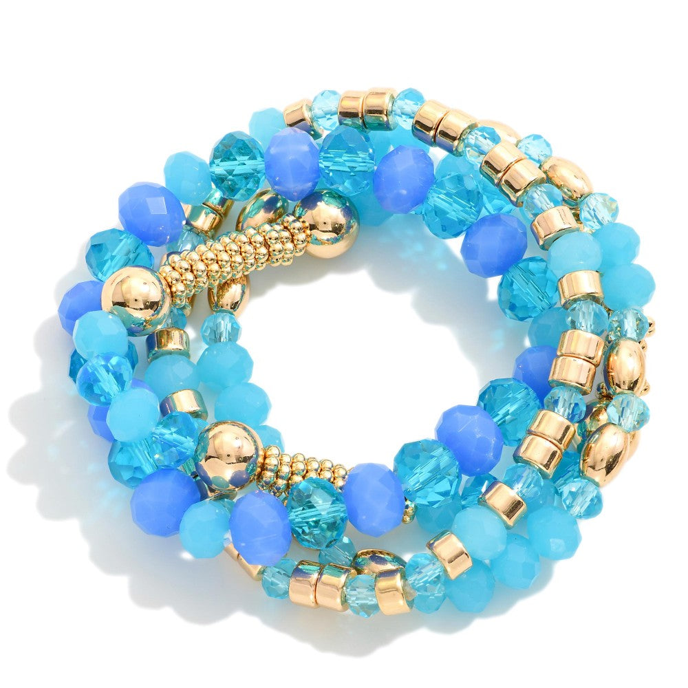 Bright Blue Faceted Glass Beads and Metal Tone Beaded Bracelets