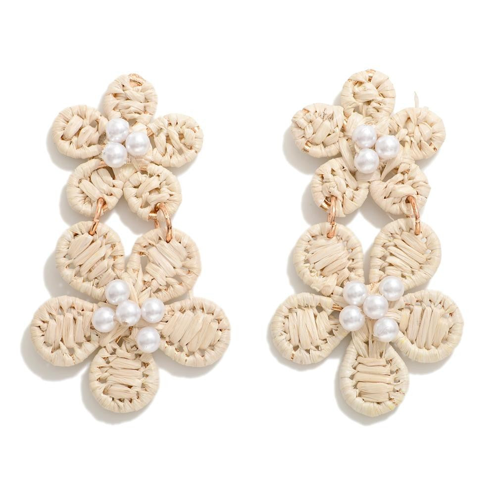 Cream Raffia Wrapped Linked Flower Pearl Beaded Drop Earrings