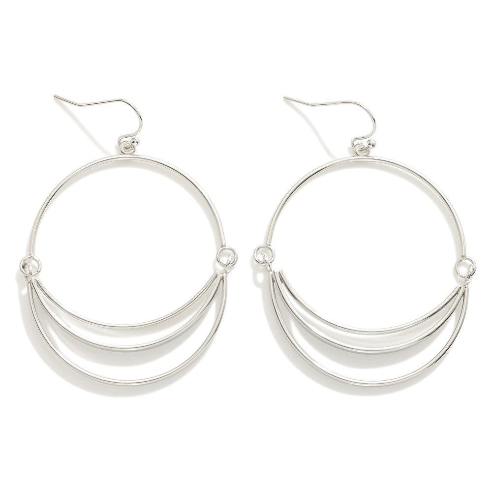 Silver Linked Metal Tone Half Hoop and Stacked Semi-Circle Dangle Earrings