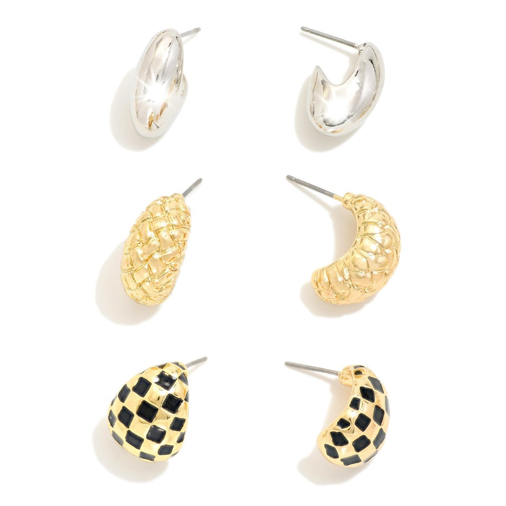 Black/White/Pink Mix Metal Tone Teardrop Post & Basket Weave Checkered Enamel Patterned Drop Earrings