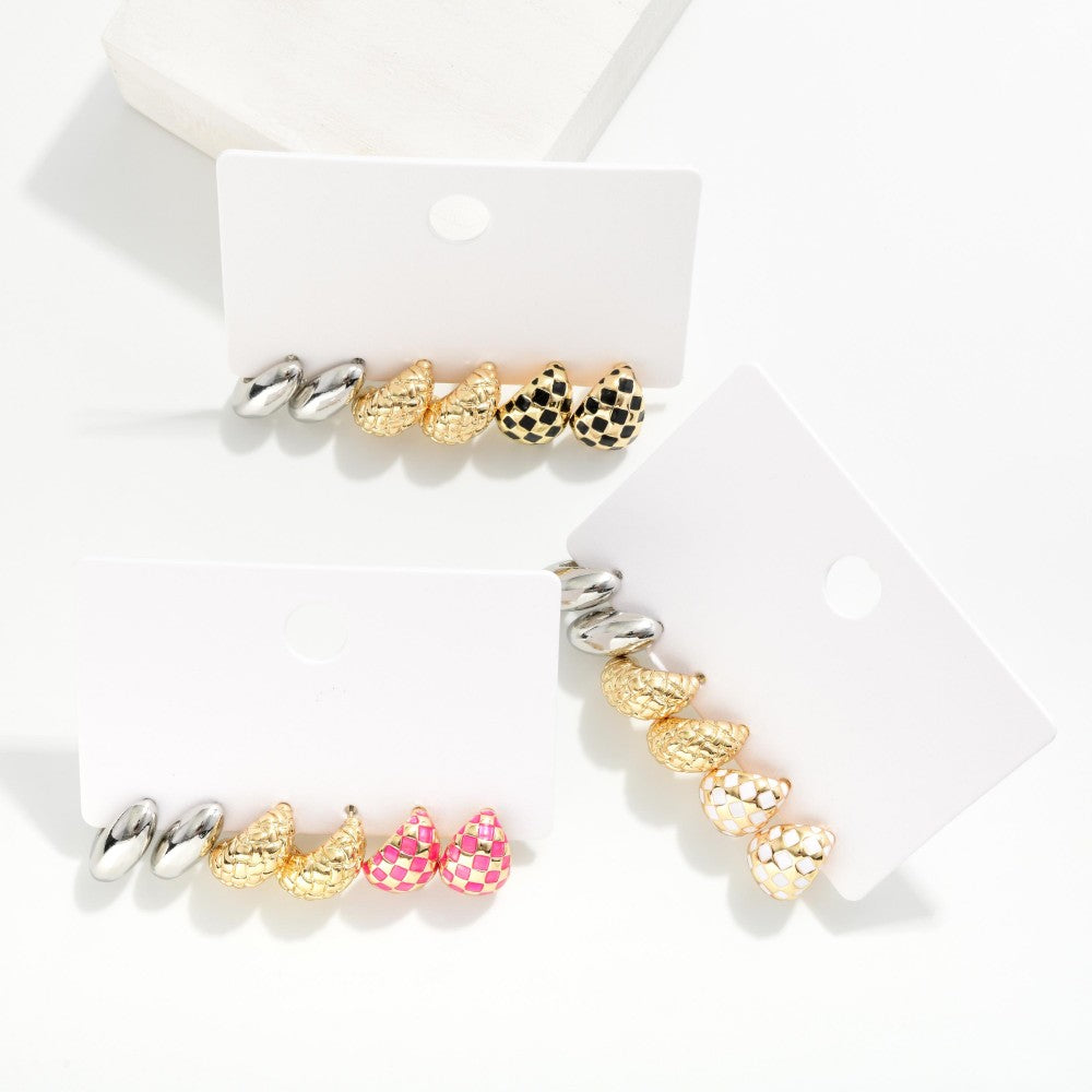 Black/White/Pink Mix Metal Tone Teardrop Post & Basket Weave Checkered Enamel Patterned Drop Earrings
