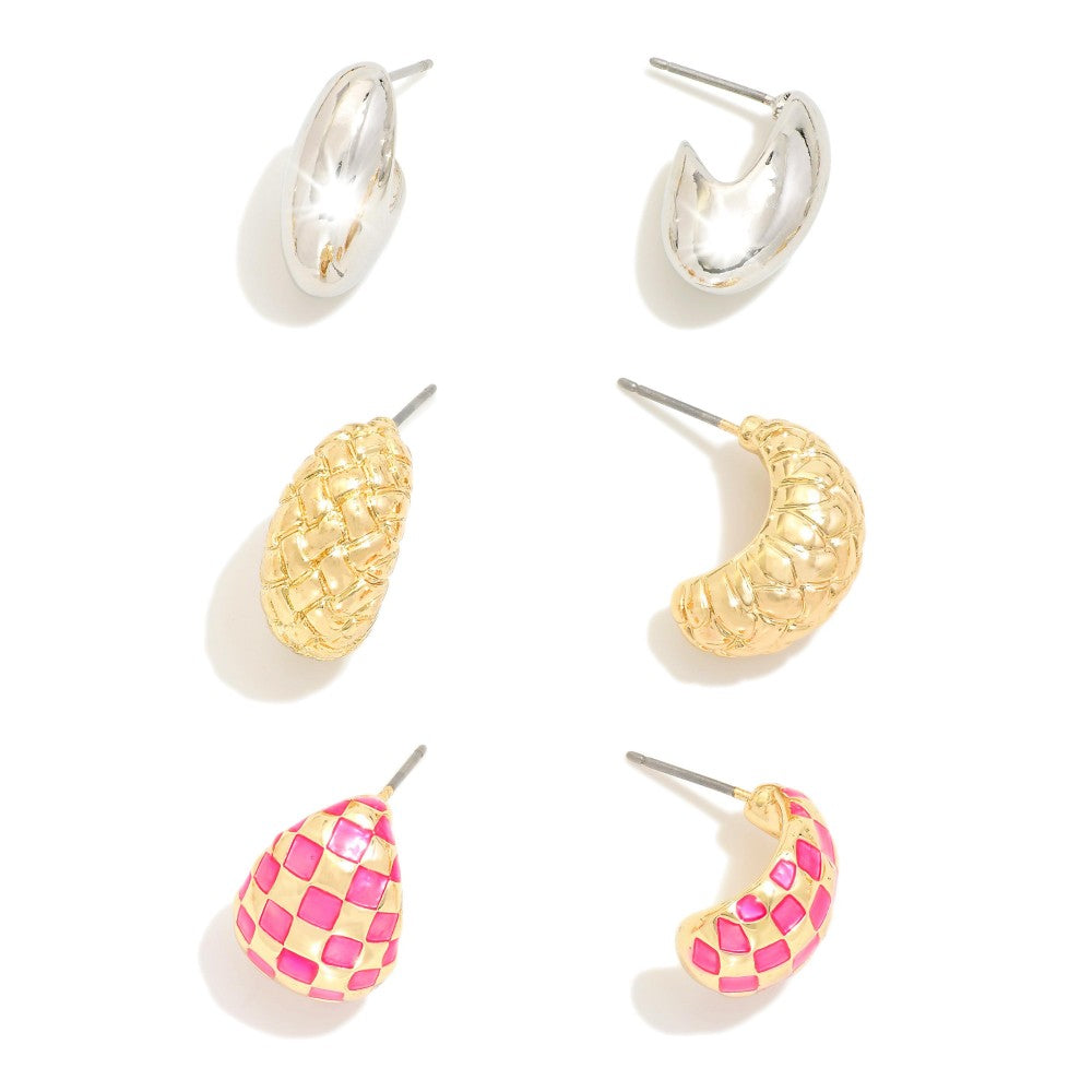 Black/White/Pink Mix Metal Tone Teardrop Post & Basket Weave Checkered Enamel Patterned Drop Earrings
