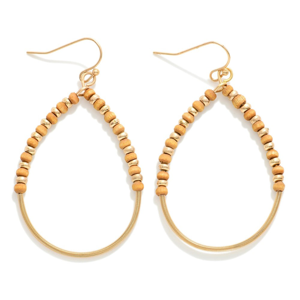 Brown and Metal Tone Beaded Teardrop Drop Metal Wire Wrapping Detail Earrings