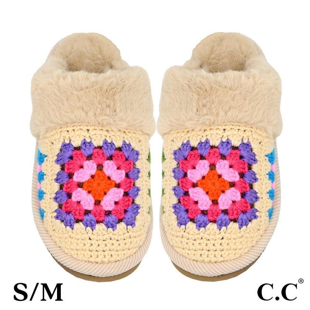 Beige C.C Crochet Granny Square Faux Fur Slippers