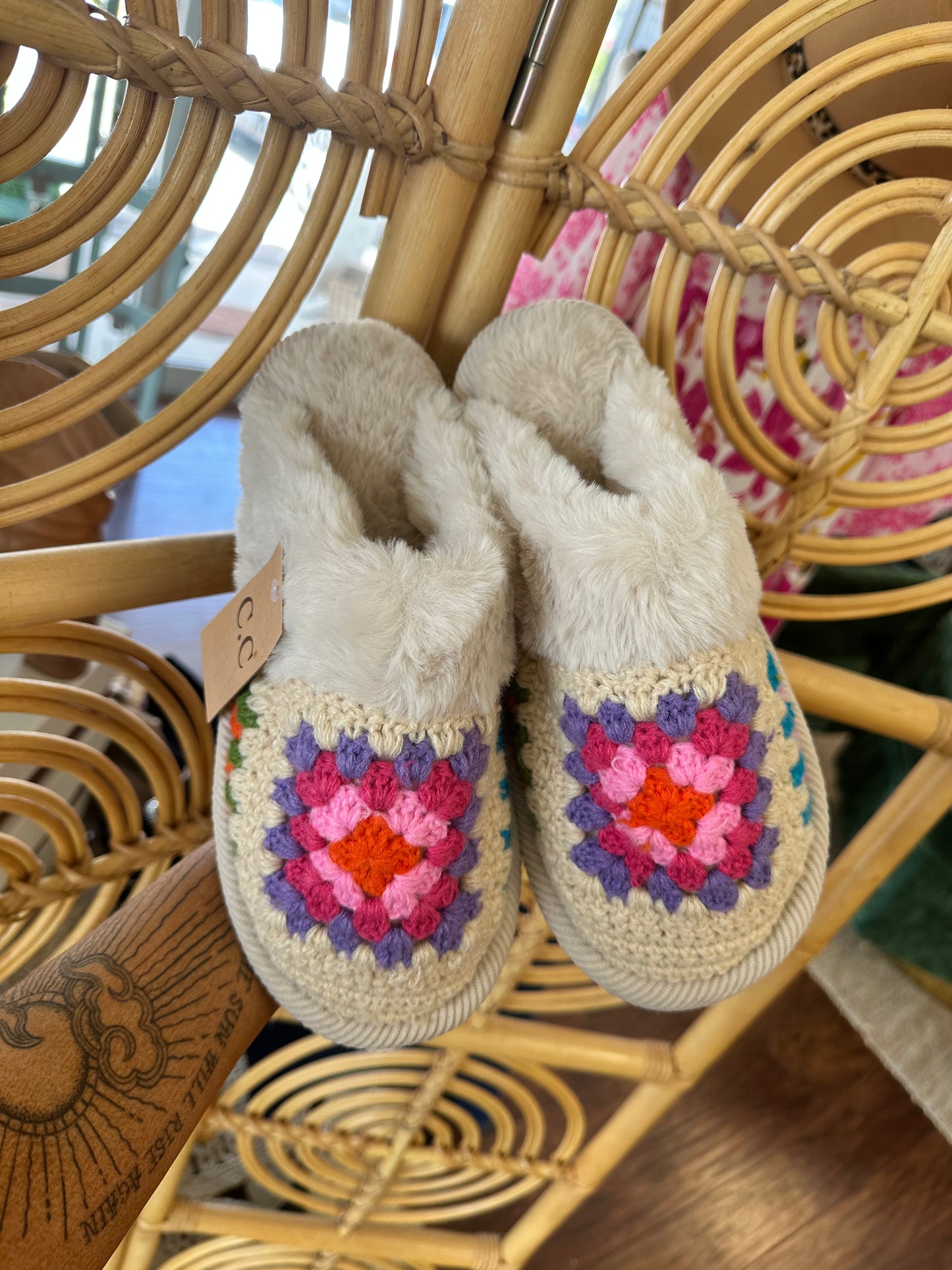 Beige C.C Crochet Granny Square Faux Fur Slippers