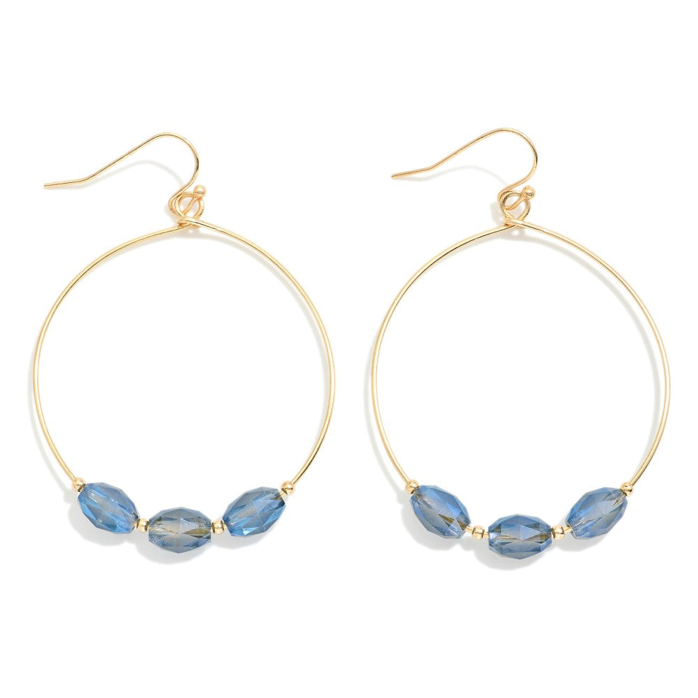 Blue Faceted Glass Crystal Beaded Gold Tone Wire Hoop Drop Earrings