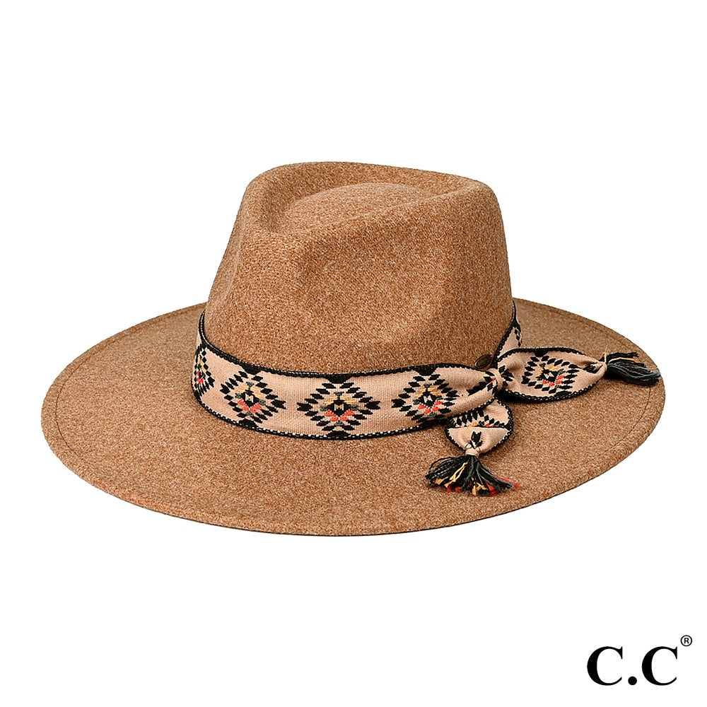 Camel Brown C.C Aztec Trim Band Vegan Felt Panama Brim Hat