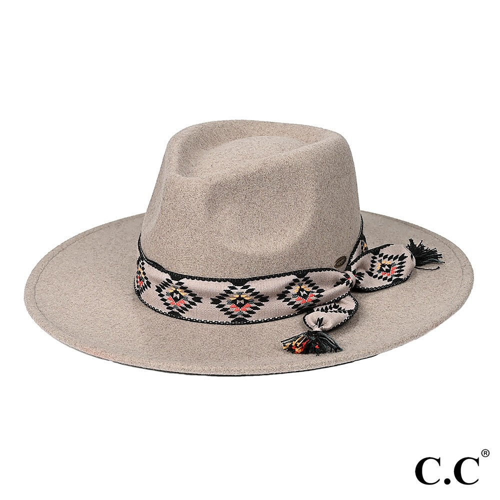 Heathered Dark Taupe C.C Aztec Trim Band Vegan Felt Panama Brim Hat