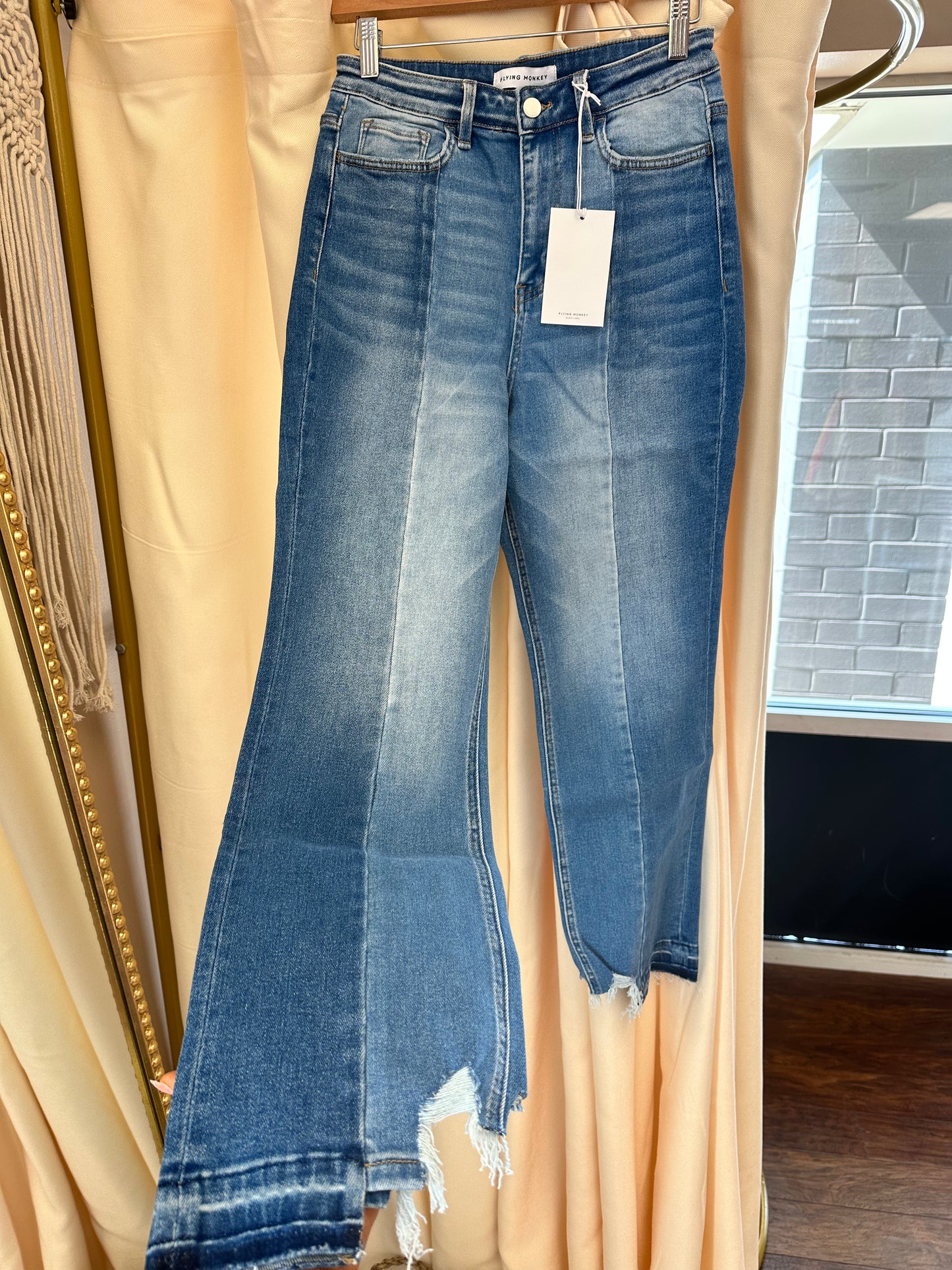 Flying Monkey Super High Rise Two Tone Contrast Straight Leg Denim Jeans