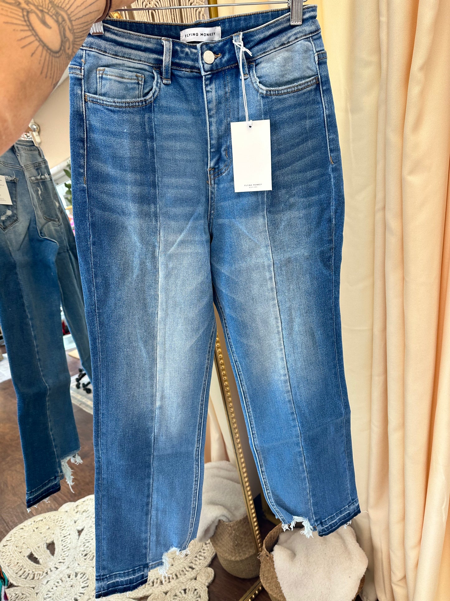 Flying Monkey Super High Rise Two Tone Contrast Straight Leg Denim Jeans