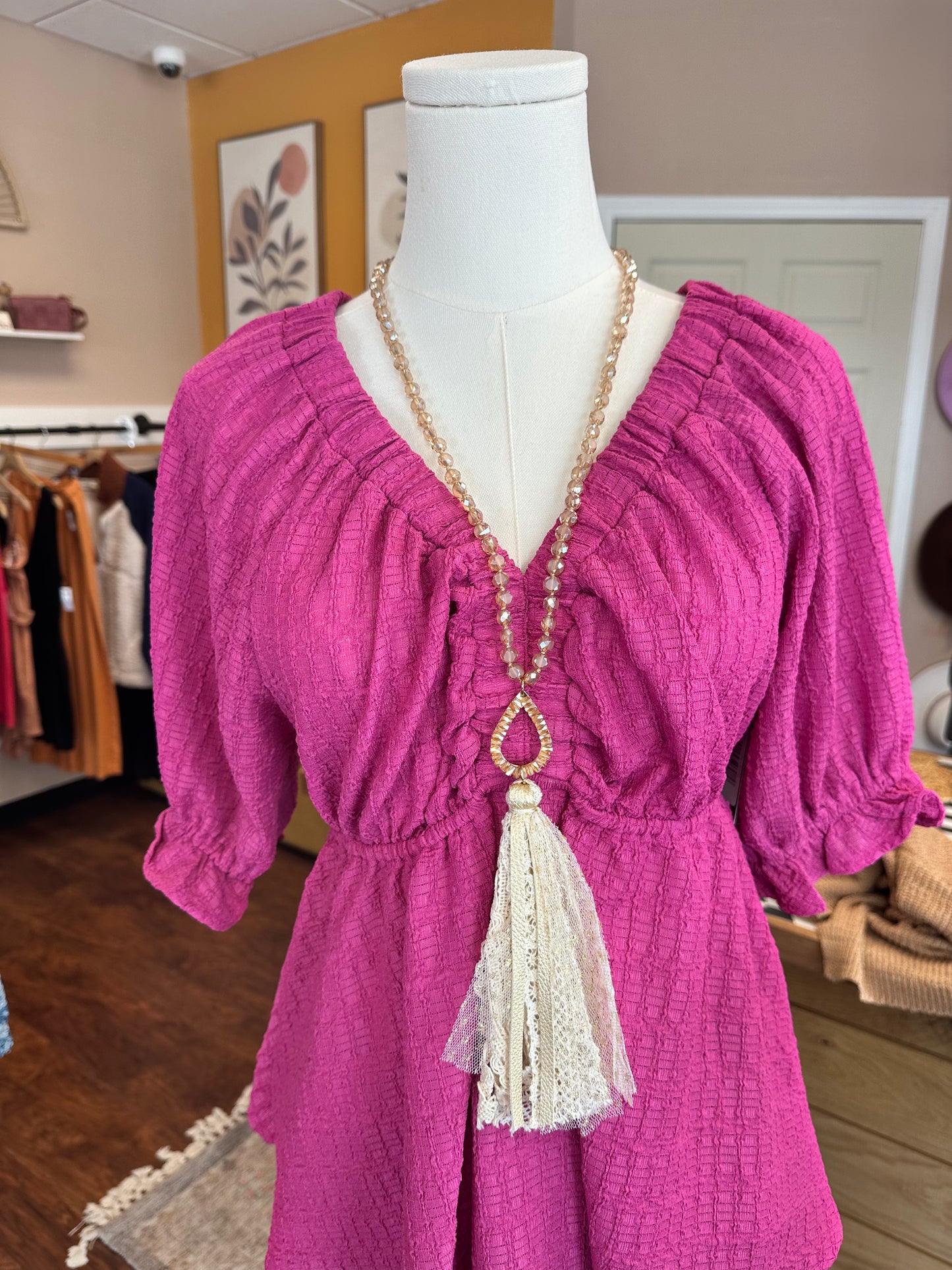 So in Style Beaded Necklace with Teardrop Pendant and Lace Tassel