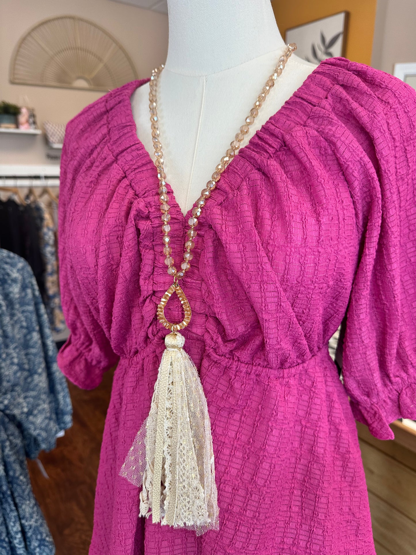 So in Style Beaded Necklace with Teardrop Pendant and Lace Tassel