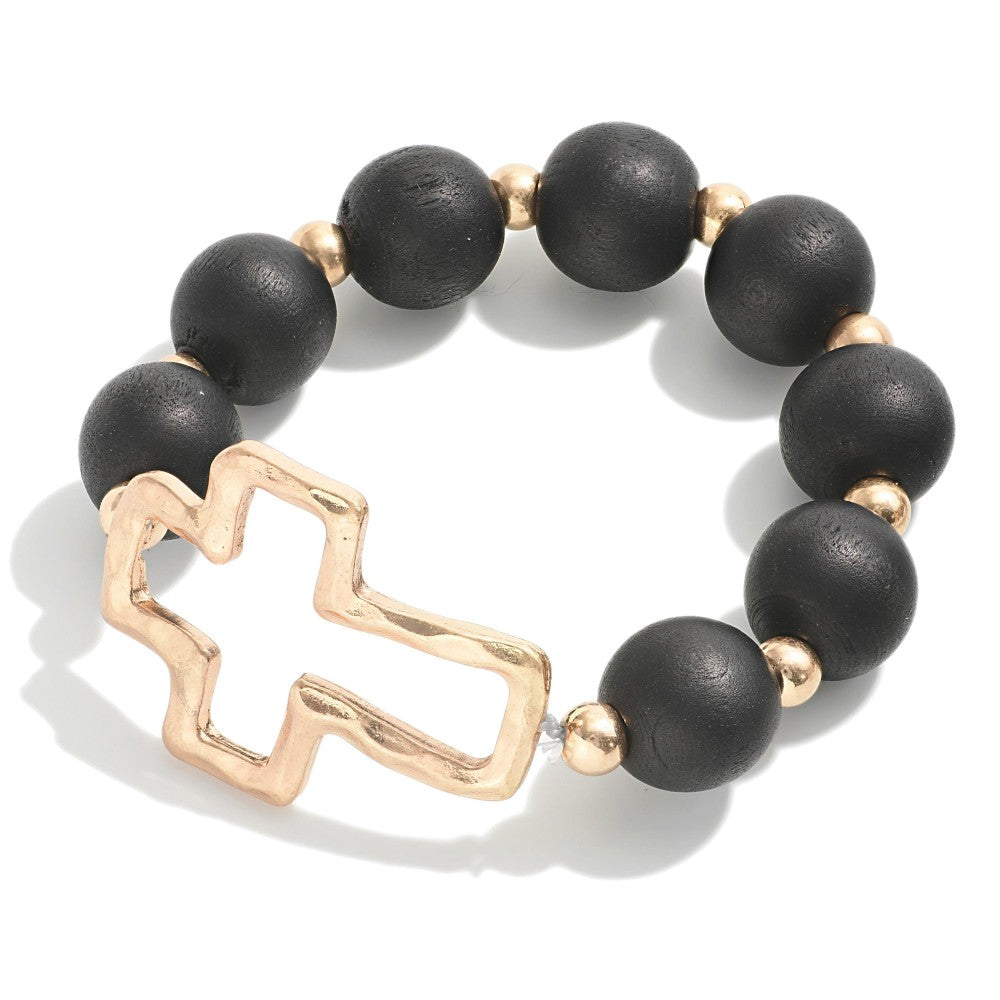 Black/White/Multi/Teal Hammered Cross Stretch Wood Beaded Bracelet