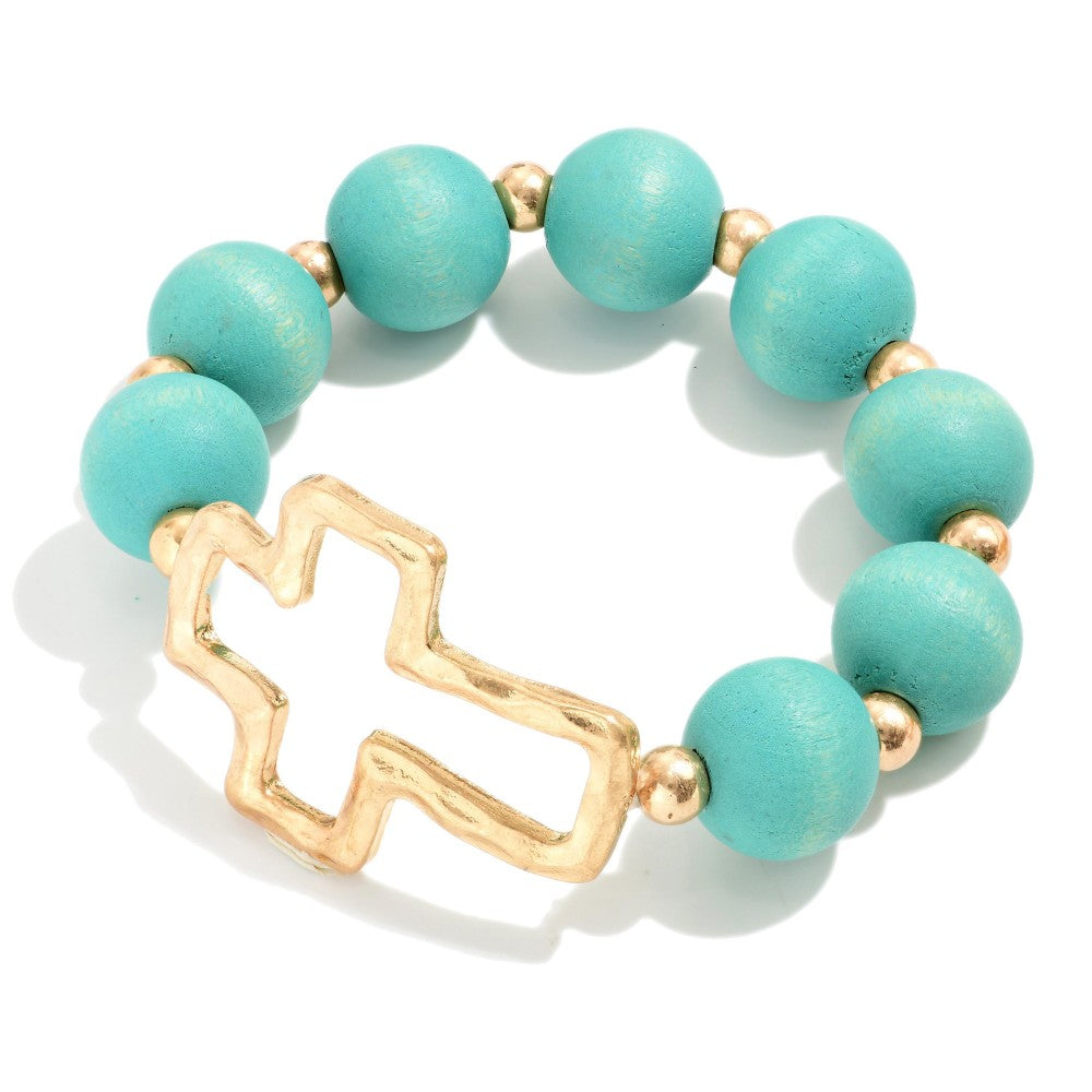 Black/White/Multi/Teal Hammered Cross Stretch Wood Beaded Bracelet