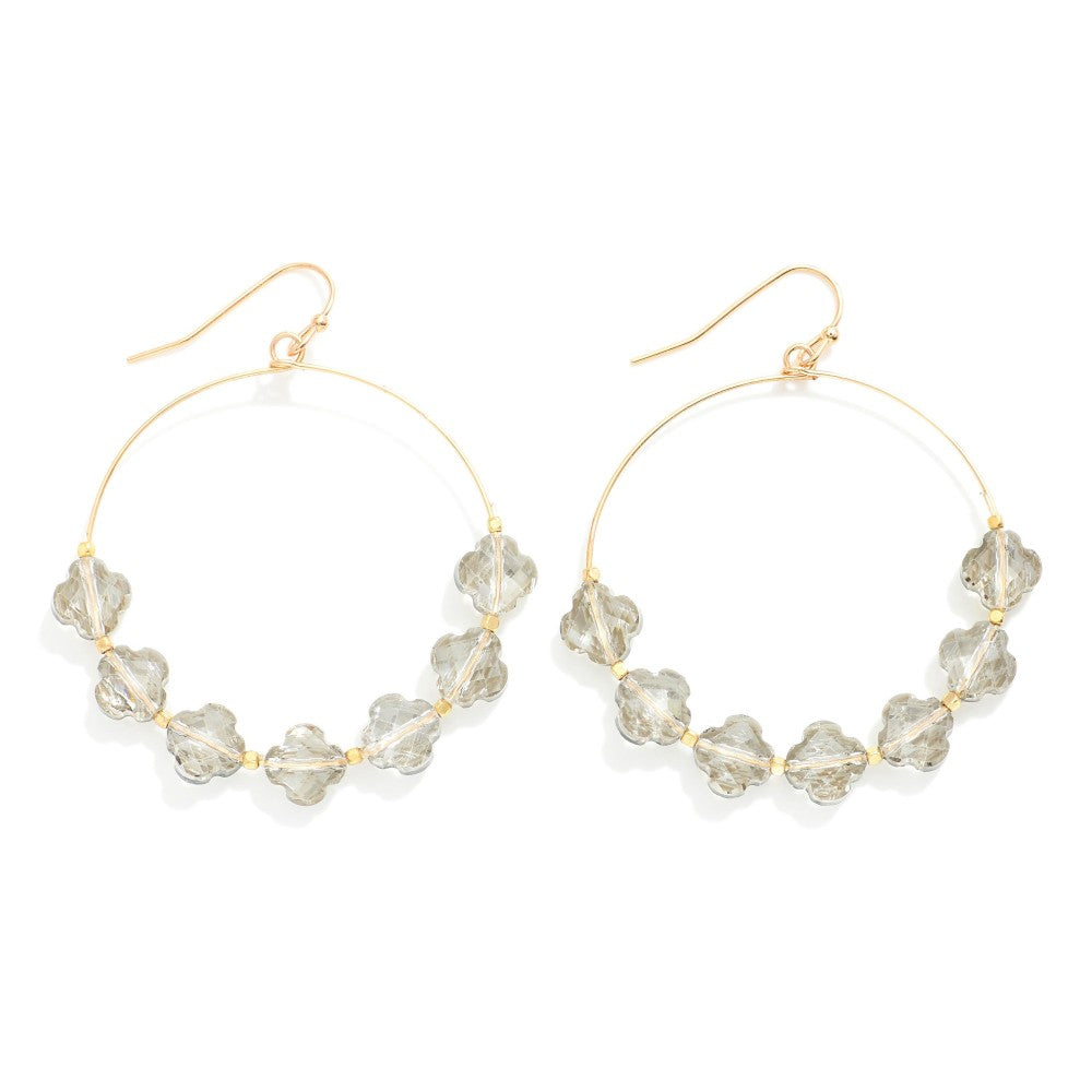 Gray Glass Crystal Clover Beaded Wire Hoop Drop Earrings