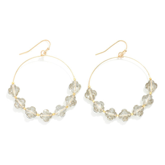 Gray Glass Crystal Clover Beaded Wire Hoop Drop Earrings