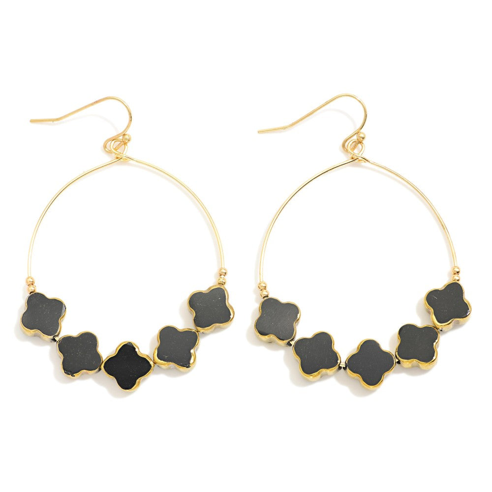 Black Glass Crystal Clover Beaded Loop Drop Earrings