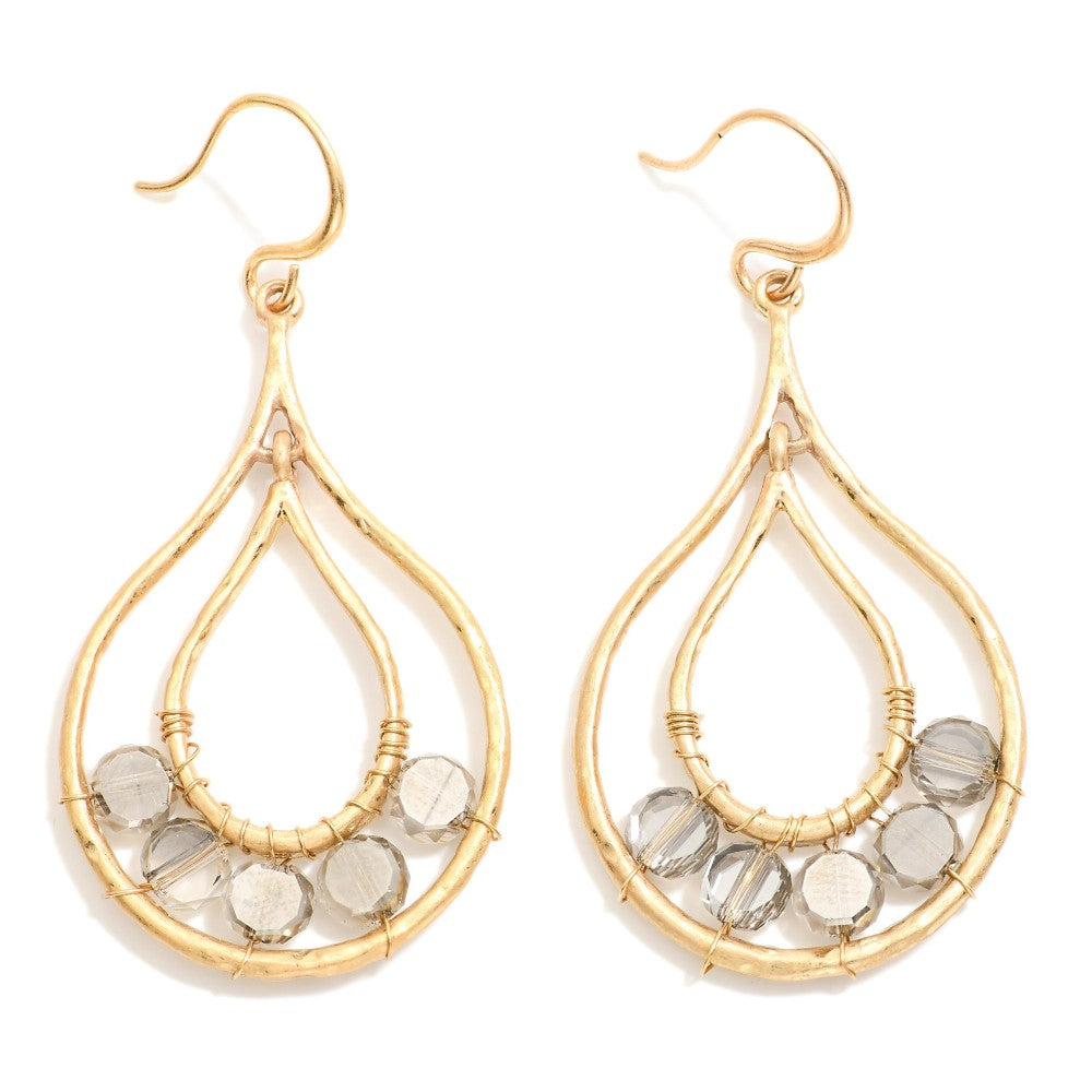 Gray & Gold Concentric Beaded Teardrop Drop Earrings