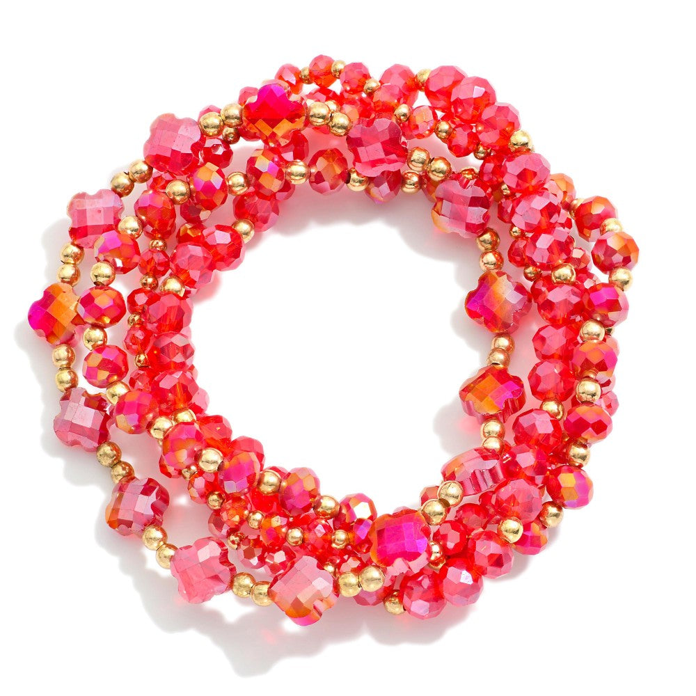 Red Glass Crystal Clover Beaded Stretch Bracelets