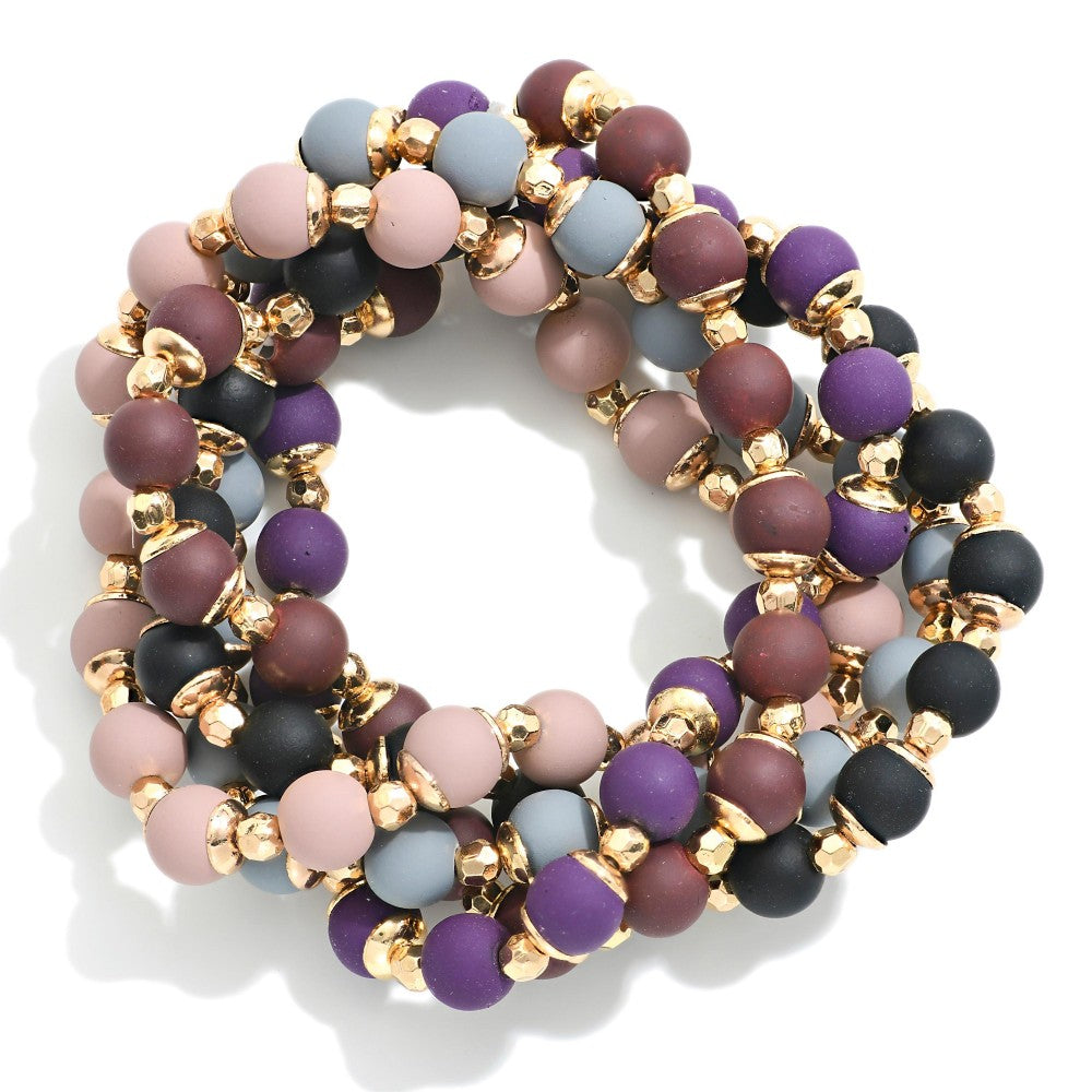 Purple Mix Gold Tone Detail Matte Coated Beaded Stretch Bracelets