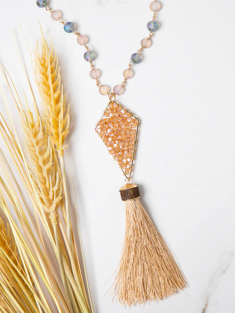 Mocha Brown & Dark Blue Beaded Diamond Pendant Long Necklace