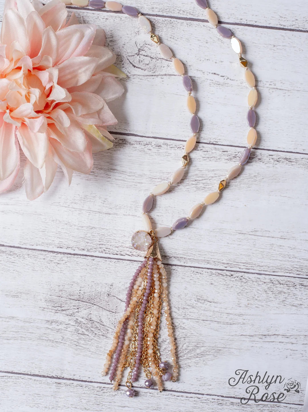 Lavender Purple & Rose Druzy Stone Long Necklace