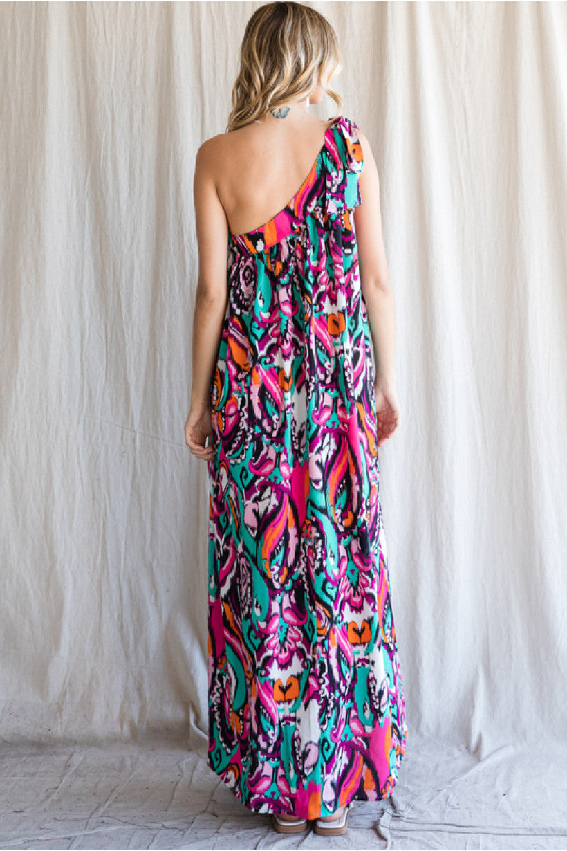 Black Vibrant Mix Paisley Print One Shoulder Maxi Dress