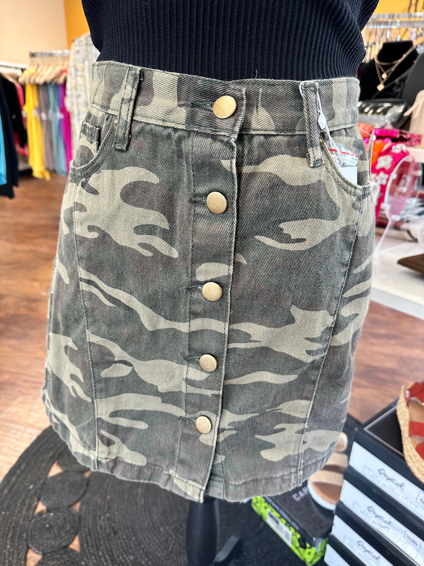Camo Denim Button Up Skirt