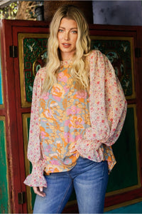 Cierra Dusty Sage & Pink Floral Bubble Sleeve Long Sleeve Top